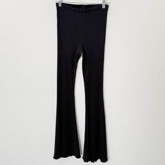 [Aerie] Black Kick It Ribbed Knit High Rise Flare Wide Leg Pants Pull On Small S - Picture 2 of 11